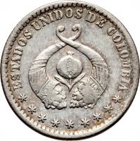 obverse of 1 Decimo (1866) coin with KM# 145a from Colombia. Inscription: ESTADOS UNIDOS DE COLOMBIA
