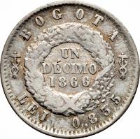 reverse of 1 Decimo (1866) coin with KM# 145a from Colombia. Inscription: BOGOTA UN DÉCIMO 1866 LEI 0,835