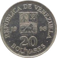 reverse of 20 Bolívares (1998 - 1999) coin with Y# 76 from Venezuela. Inscription: REPÚBLICA DE VENEZUELA 20 BOLIVARES 1999