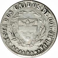 obverse of 2 Reales (1880) coin with KM# 162 from Colombia.