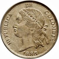 obverse of 5 Decimos (1888 - 1889) coin with KM# 166 from Colombia.