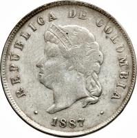 obverse of 50 Centavos (1887 - 1888) coin with KM# 185 from Colombia.