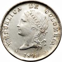obverse of 50 Centavos (1889 - 1899) coin with KM# 186a from Colombia.