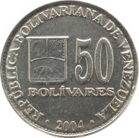 Venezuela coin 50 Bolívares (2000 - 2004) reverse reverse of 50 Bolívares (2000 - 2004) coin with Y# 82 from Venezuela. Inscription: REPUBLICA BOLIVARIANA DE VENEZUELA 50 BOLÍVARES 2000