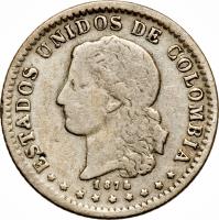 obverse of 5 Centavos (1874) coin with KM# 174 from Colombia.