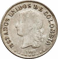 obverse of 10 Centavos (1885 - 1886) coin with KM# 175.2a from Colombia. Inscription: ESTADOS UNIDOS DE COLOMBIA 1885