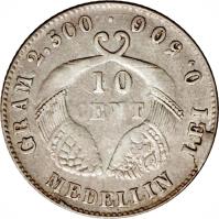 reverse of 10 Centavos (1885 - 1886) coin with KM# 175.2a from Colombia.