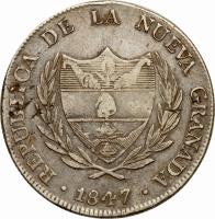 obverse of 8 Reales (1847) coin with KM# 106 from Colombia.