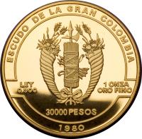 Colombia coin 30000 Pesos - Bolivar (1980) obverse obverse of 30000 Pesos - Bolivar (1980) coin with KM# 269 from Colombia.
