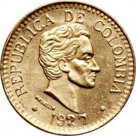 Colombia coin 2 1/2 Pesos (1924 - 1929) obverse obverse of 2 1/2 Pesos (1924 - 1929) coin with KM# 203 from Colombia.