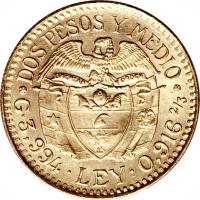 reverse of 2 1/2 Pesos (1924 - 1929) coin with KM# 203 from Colombia.