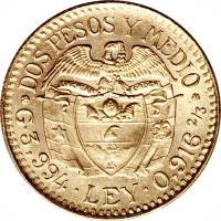 Colombia coin 2 1/2 Pesos (1924 - 1929) reverse reverse of 2 1/2 Pesos (1924 - 1929) coin with KM# 203 from Colombia.