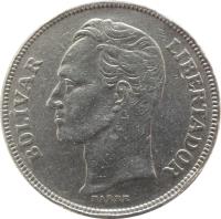 obverse of 5 Bolívares (1973) coin with Y# 44 from Venezuela. Inscription: BOLIVAR LIBERTADOR BARRE