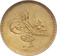 Egypt coin 50 Qirsh - Abdülaziz I (1870 - 1875) obverse obverse of 50 Qirsh - Abdülaziz I (1870 - 1875) coin with KM# 262 from Egypt.