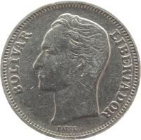 obverse of 1 Bolívar (1967) coin with Y# 42 from Venezuela. Inscription: BOLÍVAR LIBERTADOR BARRE