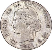 obverse of 2 Reales (1862) coin with KM# 40 from Ecuador.