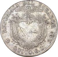 reverse of 2 Reales (1862) coin with KM# 40 from Ecuador.