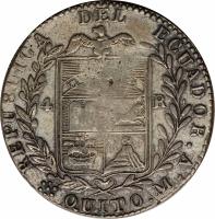 reverse of 4 Reales (1844) coin with KM# 27 from Ecuador.