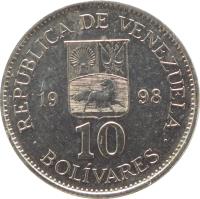 reverse of 10 Bolívares (1998) coin with Y# 75 from Venezuela. Inscription: REPUBLICA DE VENEZUELA 10 BOLÍVARES 1998