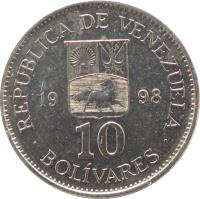 Venezuela coin 10 Bolívares (1998) reverse reverse of 10 Bolívares (1998) coin with Y# 75 from Venezuela. Inscription: REPUBLICA DE VENEZUELA 10 BOLÍVARES 1998