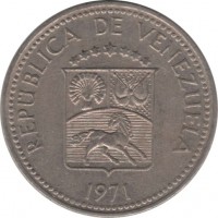 obverse of 10 Céntimos (1971) coin with Y# A40 from Venezuela. Inscription: REPÚBLICA DE VENEZUELA 1971