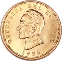 obverse of 1 Condor (1928) coin with KM# 74 from Ecuador. Inscription: REPUBLICA DEL ECUADOR 1928