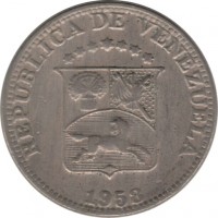 Venezuela coin 12 1/2 Céntimos (1958) obverse obverse of 12 1/2 Céntimos (1958) coin with Y# 39 from Venezuela. Inscription: REPUBLICA DE VENEZUELA 1958