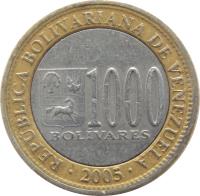 reverse of 1000 Bolívars (2005) coin with Y# 85 from Venezuela. Inscription: · REPUBLICA BOLIVARIANA DE VENEZUELA · 1000 BOLÍVARES 2005