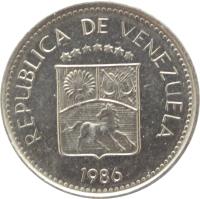 obverse of 5 Céntimos (1986) coin with Y# 49b from Venezuela. Inscription: REPUBLICA DE VENEZUELA 1986