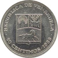 Venezuela coin 50 Céntimos (1988 - 1990) reverse reverse of 50 Céntimos (1988 - 1990) coin with Y# 41a from Venezuela. Inscription: REPUBLICA DE VENEZUELA · 50 CENTIMOS · 1988 ·