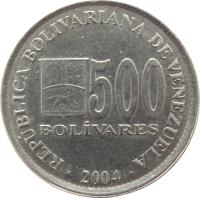 Venezuela coin 500 Bolívares (2004) reverse reverse of 500 Bolívares (2004) coin with Y# 94 from Venezuela. Inscription: REPÚBLICA BOLIVARIANA DE VENEZUELA 500 BOLÍVARES