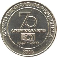 obverse of 50 Céntimos - 70th anniversary of Central Bank (2010) coin with Y# 100 from Venezuela. Inscription: BANCO CENTRAL DE VENEZUELA 70 ANIVERSARIO BCV 1940-2010 2010