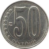 reverse of 50 Céntimos - 70th anniversary of Central Bank (2010) coin with Y# 100 from Venezuela. Inscription: 50 ******** CÉNTIMOS