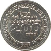 Venezuela coin 25 Céntimos - Signing of the Verbal Independence (2011) reverse reverse of 25 Céntimos - Signing of the Verbal Independence (2011) coin with Y# 99 from Venezuela. Inscription: FIRMA DEL ACTA DE INDEPENDENCIA 200 ANOS