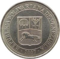 obverse of 50 Céntimos (2007 - 2012) coin with Y# 92 from Venezuela. Inscription: REPÚBLICA BOLIVARIANA DE VENEZUELA 2007