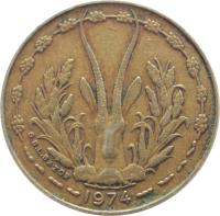 obverse of 5 Francs (1965 - 2012) coin with KM# 2a from Western Africa (BCEAO). Inscription: 2011