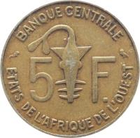 Western Africa (BCEAO) coin 5 Francs (1965 - 2012) reverse reverse of 5 Francs (1965 - 2012) coin with KM# 2a from Western Africa (BCEAO). Inscription: 5 F. BANQUE CENTRALE ETATS DE L'AFRIQUE DE L'OUEST
