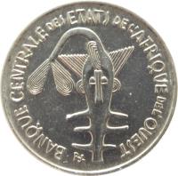 obverse of 100 Francs (1967 - 2009) coin with KM# 4 from Western Africa (BCEAO). Inscription: BANQUE CENTRALE DES ETATS DE L'AFRIQUE DE L'OUEST