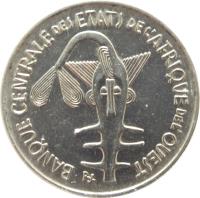 obverse of 100 Francs (1967 - 2009) coin with KM# 4 from Western Africa (BCEAO). Inscription: BANQUE CENTRALE DES ETATS DE L'AFRIQUE DE L'OUEST