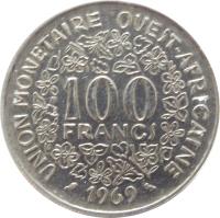 reverse of 100 Francs (1967 - 2009) coin with KM# 4 from Western Africa (BCEAO). Inscription: 100 FRANCS UNION MONETAIRE OUEST-AFRICAINE 1990