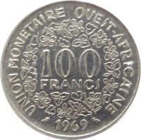 Western Africa (BCEAO) coin 100 Francs (1967 - 2009) reverse reverse of 100 Francs (1967 - 2009) coin with KM# 4 from Western Africa (BCEAO). Inscription: 100 FRANCS UNION MONETAIRE OUEST-AFRICAINE 1990