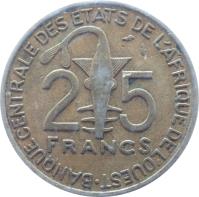 reverse of 25 Francs (1970 - 1979) coin with KM# 5 from Western Africa (BCEAO). Inscription: 25 FRANCS BANQUE CENTRALE DES ETATS DE L'AFRIQUE DE L'OUEST 25 FRANCS