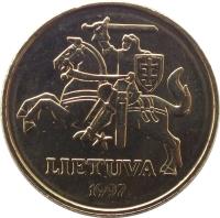 obverse of 50 Centų (1997 - 2014) coin with KM# 108 from Lithuania. Inscription: LIETUVA 1997