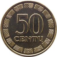 reverse of 50 Centų (1997 - 2014) coin with KM# 108 from Lithuania. Inscription: 50 CENTŲ