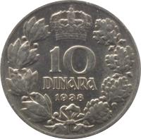 Yugoslavia coin 10 Dinara - Peter II (1938) reverse reverse of 10 Dinara - Peter II (1938) coin with KM# 22 from Yugoslavia. Inscription: 10 DINARA 1938