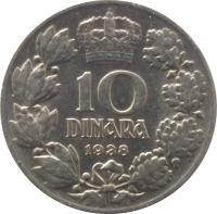 reverse of 10 Dinara - Peter II (1938) coin with KM# 22 from Yugoslavia. Inscription: 10 DINARA 1938