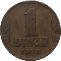 Yugoslavia coin 1 Dinar - Peter II (1938) reverse reverse of 1 Dinar - Peter II (1938) coin with KM# 19 from Yugoslavia. Inscription: 1 DINAR 1938