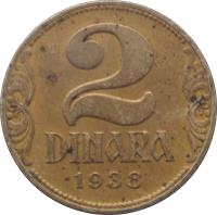 Yugoslavia coin 2 Dinara - Peter II - Large crown (1938) reverse reverse of 2 Dinara - Peter II - Large crown (1938) coin with KM# 20 from Yugoslavia. Inscription: 2 DINARA 1938