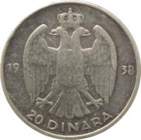 reverse of 20 Dinara - Peter II (1938) coin with KM# 23 from Yugoslavia. Inscription: 1938 20 DINARA