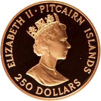 Pitcairn Islands coin 250 Dollars - Elizabeth II - Drafting of Constitution (1988) obverse obverse of 250 Dollars - Elizabeth II - Drafting of Constitution (1988) coin with KM# 2 from Pitcairn Islands. Inscription: ELIZABETH II · PITCAIRN ISLANDS 250 DOLLARS